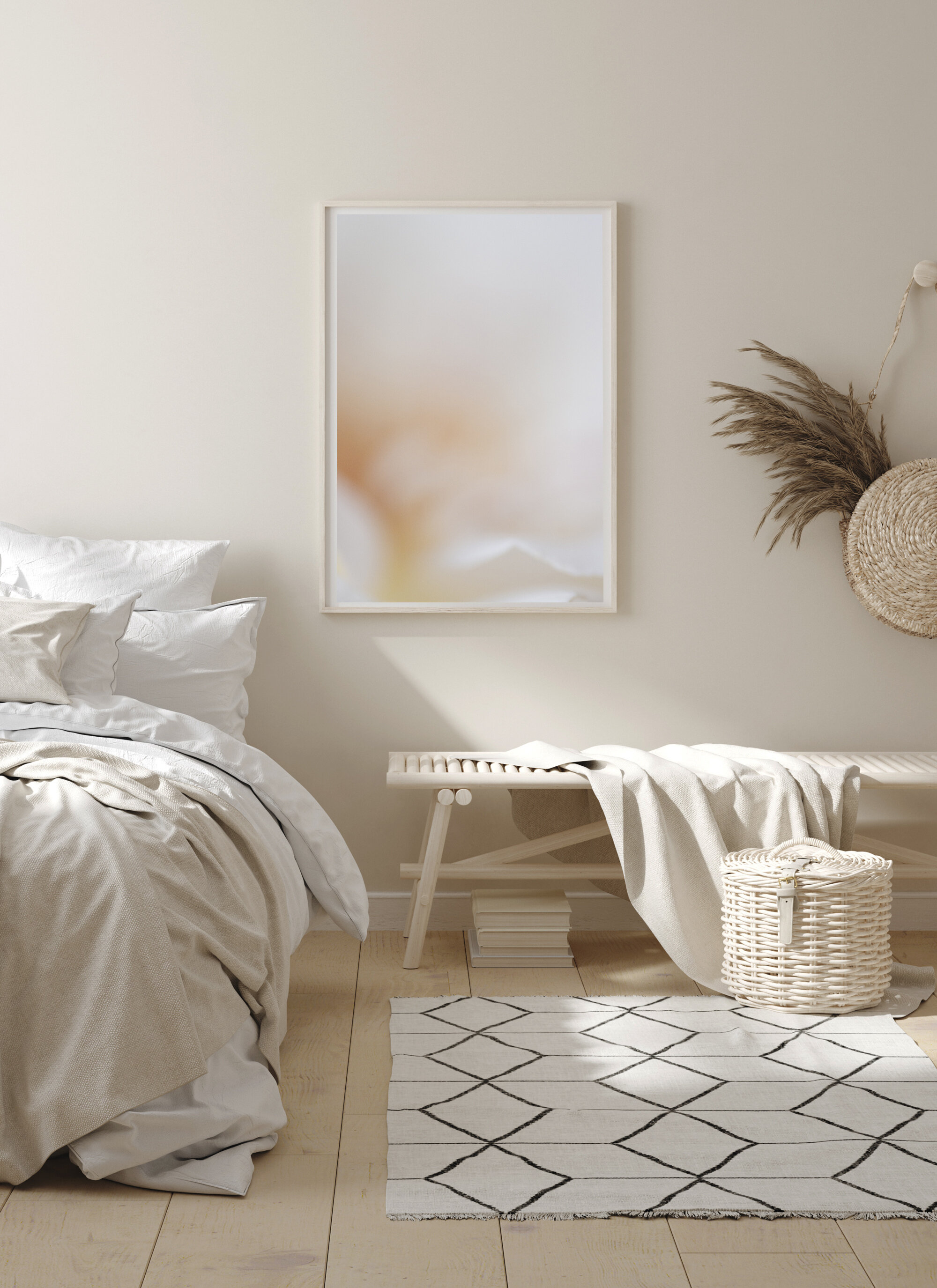 Neutral bedroom with Sunrise framed fine art print Kiki-Sunshine.com