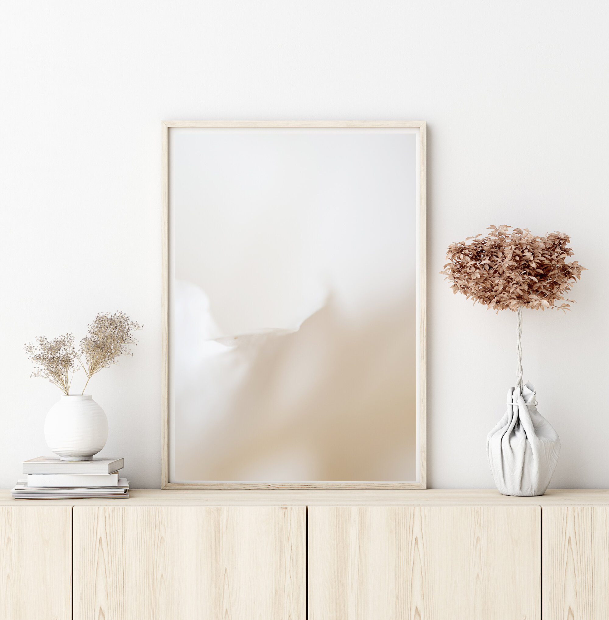 Neutral interior decor with Quietude fine art print framed Kiki-Sunshine.com