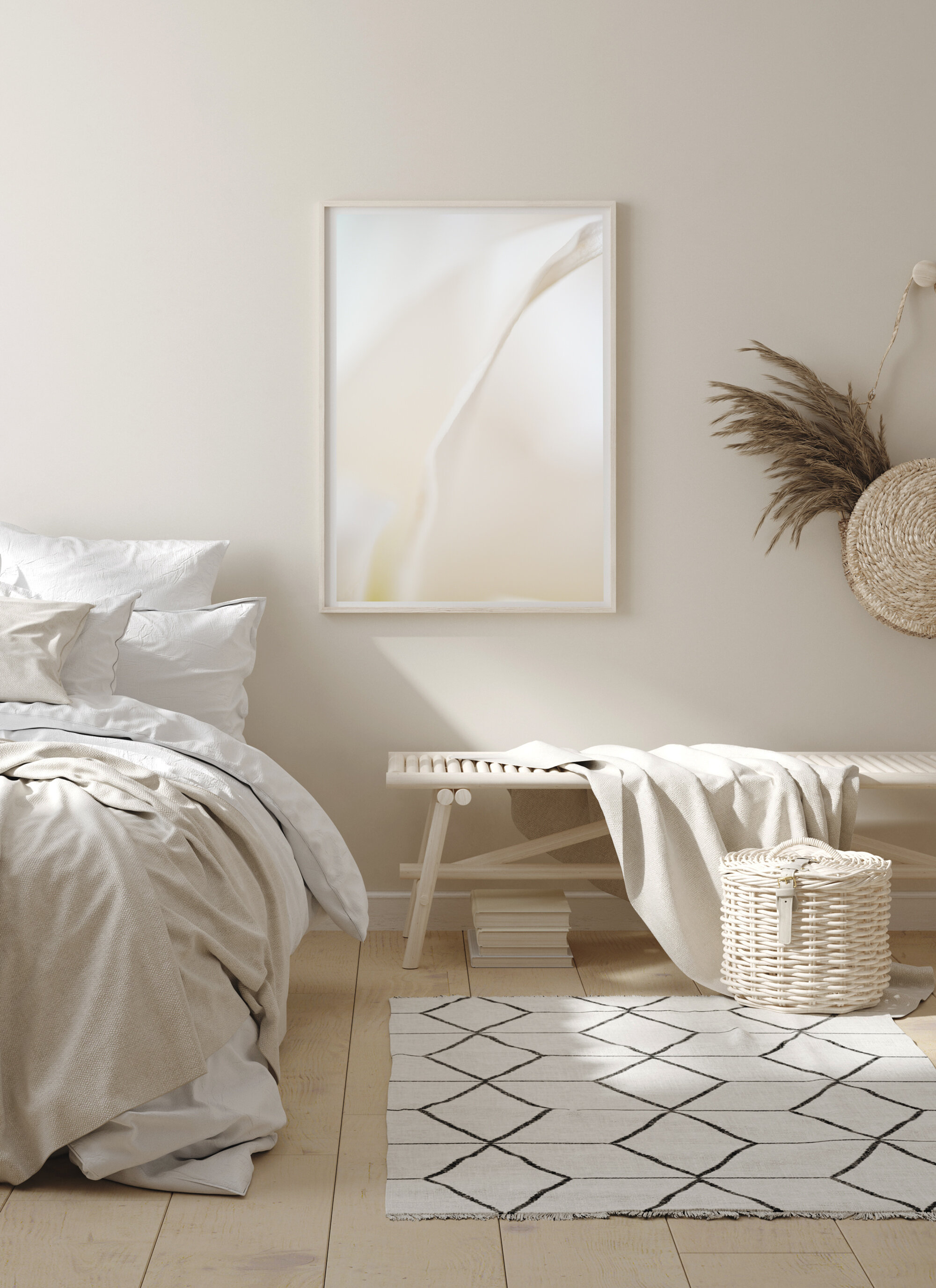 Neutral bedroom with Flow fine art print framed Kiki-Sunshine.com